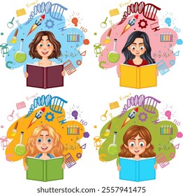 Four students reading science books happily