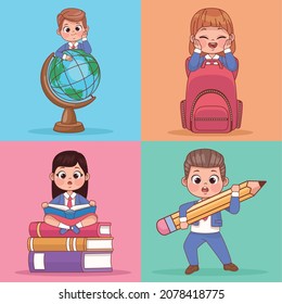 grupo de cuatro estudiantes de caracteres escolares
