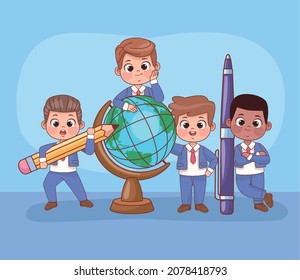 four students schoolboys characters group