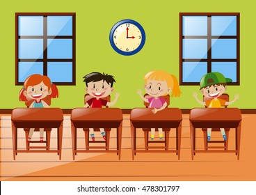 Four students sitting in classroom illustration