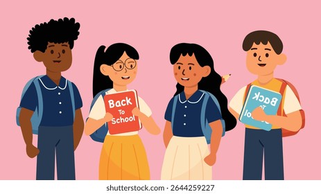 Four students standing with schoolbooks in hand smiling at the camera