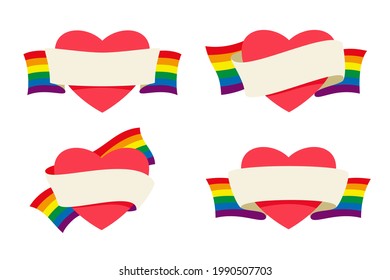 Four Style of Hearts are Wrapped by Rainbow Flag Ribbon for the LGBT Activity.