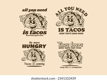 Four style of Mascot character illustration of tacos with happy face, in vintage style