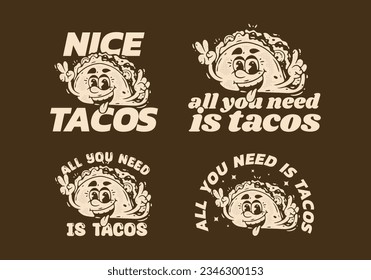 Four style of Mascot character illustration of tacos with happy face, in vintage style