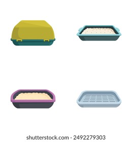 Four styles of cat litter boxes in various colors and designs, isolated on white background