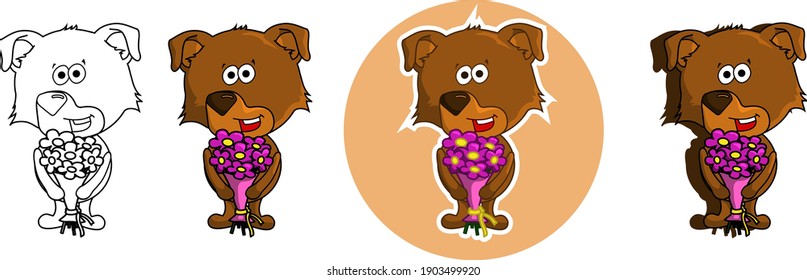 four styles of cute little dog with a bouquet