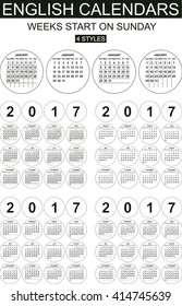 Four styles English calendars of 2017. Weeks start on sunday. Carefully designed.