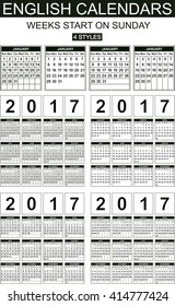 Four styles English calendars of 2017. Weeks start on sunday. Carefully designed.