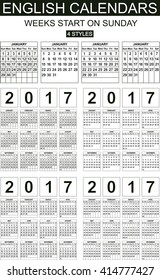 Four styles English calendars of 2017. Weeks start on sunday. Carefully designed.