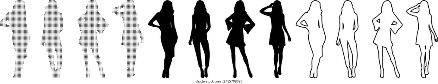 Quatro Estilos de Figuras Femininas Pixel Art, Matriz de Pontos, Forma Sólida e Vetor de Contorno