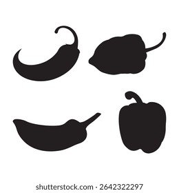 Four In Four Styles Silhouette Pepper Vector Design Bundle. Pepper Habanero Jalapeno Bell Serrano. Vector Illustration