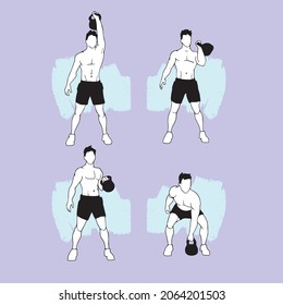 Four stylised men doing Kettlebell exercise workouts at home or gym for healthy strength training muscle body endurance building vector illustration