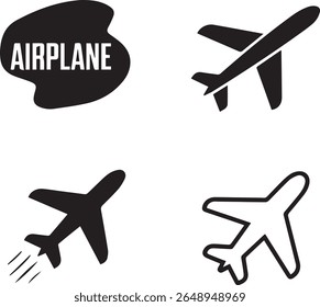 Four Stylish Airplane Vector Icons with Text Label  Ideal for Travel Agencies  Logistics