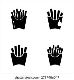 Four stylish black and white illustrations of crispy french fries in a cone perfect for menus social media or branding