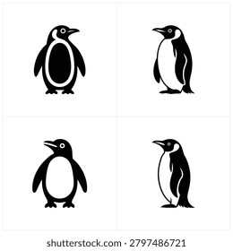 Four stylish black and white penguin illustrations standing and facing various directions ideal for wildlife branding and educational materials