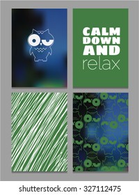 Four stylish card with a picture of sleepy owls on a blue and green blurred background. The text of the aphorisms with a texture. Sample humorous greeting cards, messages, and other cards. Vector.