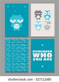 Four stylish card with a picture of sleepy and cheerful owls on a blue background. The text of the aphorisms with a texture. Sample humorous greeting cards, messages, and other cards. Vector.