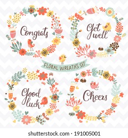 Four stylish floral design elements with modern text. Gentle floral cards with vintage flowers and cartoon birds in summer colors