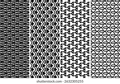 Four stylish geometric patterns ideal for fashion fabrics, wallpaper, and digital projects. High-resolution black white designs.