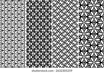 Quatro padrões geométricos elegantes perfeitos para vários projetos de design. Texturas repetitivas em branco preto oferecem versatilidade para estética moderna e clássica. Designs perfeitos de alta resolução.