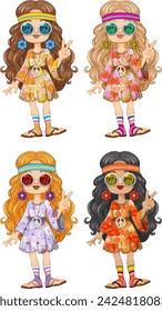 Four stylish girls in colorful hippie outfits.