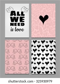 Four stylish greeting cards in hipster style with the text of the aphorisms and images of hearts for poster, art decorations, invitations or other cards. Vector.