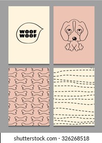 Four stylish greeting cards in hipster style with text and image of a cute dog and texture of bones for poster, art decorations, invitations or other cards. Vector.