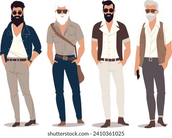 Four stylish men in casual fashion standing. Mature male characters with beards in modern outfits. Diverse men casual attire vector illustration.