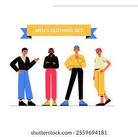 Four Stylish Men Posing In Fashionable Outfits In Flat Vector Illustration Symbolizing Men Clothing, Fashion Trends, And Modern Style