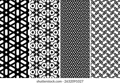 Four stylish monochrome repeating geometric textures ideal for backgrounds, textile prints, and various design applications. High-resolution vector art.