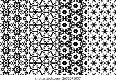 Four stylish repeating geometric designs ideal for textile prints, wallpapers, and website backgrounds. High-resolution black and white patterns offer versatility.
