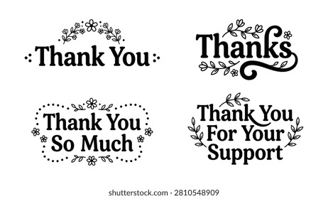 Four stylish thank you messages featuring floral and leaf decorative elements on transparent background