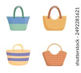Four stylish vector tote bags featuring different designs and colors, ideal for fashion and shopping themes