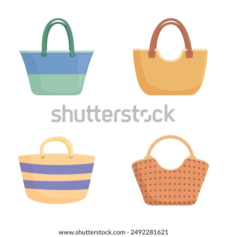 Four stylish vector tote bags featuring different designs and colors, ideal for fashion and shopping themes