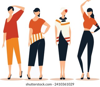 Cuatro elegantes mujeres posando con modernos trajes de moda informales y elegantes. Grupo de mujeres diversas mostrando diferentes posturas de pie. Diversidad de la moda e ilustración vectorial del empoderamiento femenino.