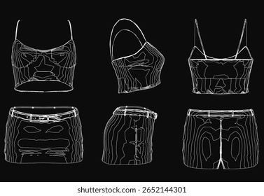 Four stylish women's clothing items sketched on a black background, featuring a detailed top and skirt among the designs. The pieces showcase intricate patterns, varied colors from light to dark.