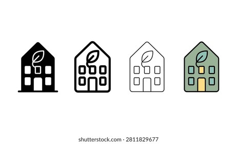 Four stylistic representations of houses with a leaf motif are displayed sidebyside symbolizing ecoconscious architecture