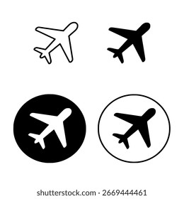Quatro ícones estilizados de avião, dois em preto e dois em branco, apresentados em uma grade com dois em fundo plano e dois em círculos.