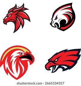 Four Stylized Animal Head Logos in Red and Black on White animal heads