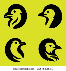 Four stylized bird head logos, in profile view, are set against a vibrant lime green backdrop.