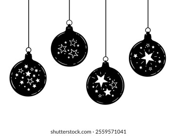 Four stylized black Christmas balls on a white background