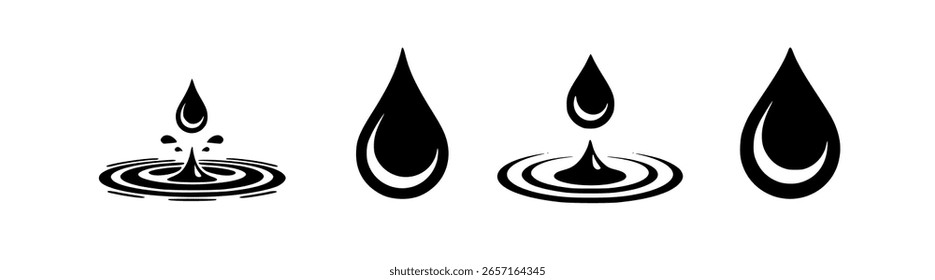 Four stylized black liquid drops with ripples and splashes on a white background.