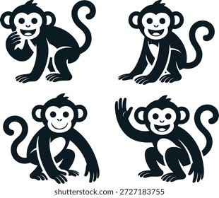 Cuatro ilustraciones estilizadas de mono negro con caras alegres, mostradas sentadas, saludando y alcanzando, contra blanco.