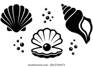 Four stylized black seashells and bubbles on transparent background illustration