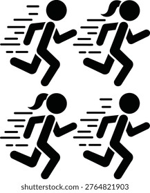 Four stylized black silhouettes of runners in motion with speed lines