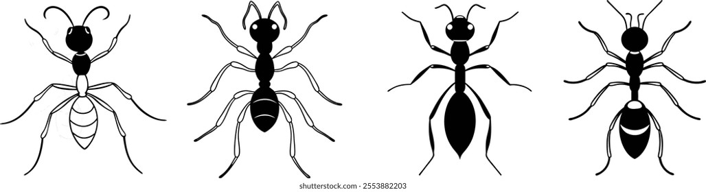 Four Stylized Black and White Ant Images in Similar Poses