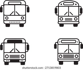 Cuatro iconos de autobús estilizados en blanco y negro vistos desde el frente en un vehículo de fondo blanco