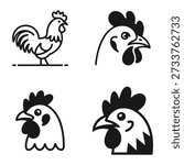 Four stylized black and white icon illustrations of chickens and chicken heads, perfect for farm branding.