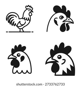 Vier stilisierte Schwarz-Weiß-Ikone Illustrationen von Hühnern und Hühnerköpfen, perfekt für Bauernhofmarken.