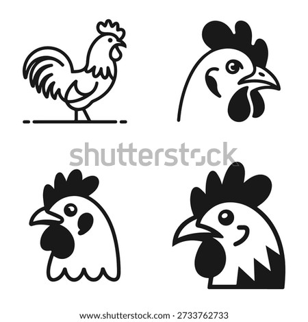 Four stylized black and white icon illustrations of chickens and chicken heads, perfect for farm branding.